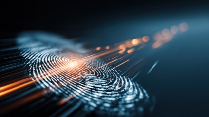 A close-up view of a fingerprint pattern with bright, abstract light trails creating a dynamic and futuristic look.