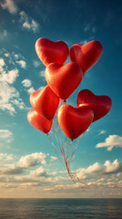 Fototapeta premium Bunch of Vibrant Red Heart Balloons Floating in a Sunny Blue Sky over Water