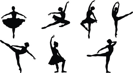 Ballet silhouette, dancer pose, pirouette spin, arabesque stance, graceful movement, classical dance, tutu costume, performance art, flat vector illustration