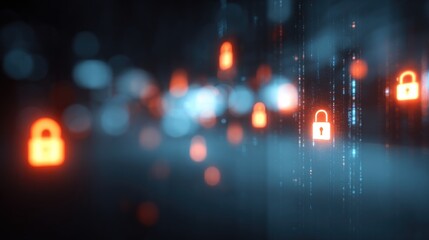 A visually striking image featuring glowing padlock icons amidst a blurred, moody background, evoking themes of security and technology.