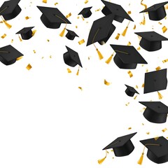 Black mortarboards with golden tassels and confetti fall on a white background