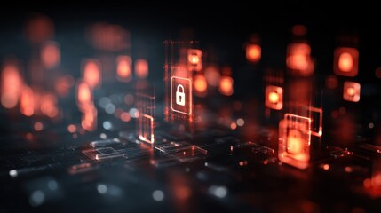 A futuristic digital scene featuring red and black colors, showcasing glowing lock icons and interconnected data elements, suggesting themes of cybersecurity and technology.