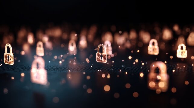 A visually striking digital representation of padlocks, symbolizing security and protection amidst a backdrop of shimmering lights.