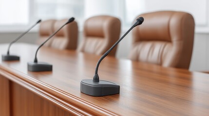Professional conference room setup with microphones arranged on a polished wooden table, ideal for meetings and discussions in corporate settings