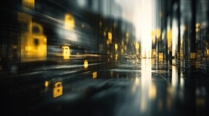 A dynamic, abstract representation of digital security, featuring glowing padlocks amidst a blurred technological landscape.