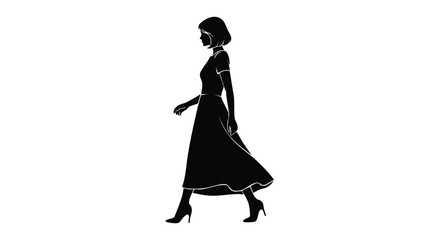 Silhouette of a woman walking in profile, wearing a dress and heels, against a white background.