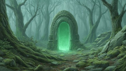 Mysterious green portal in enchanted forest, ancient stone archway surrounded by misty trees and glowing foliage, inviting adventure and exploration