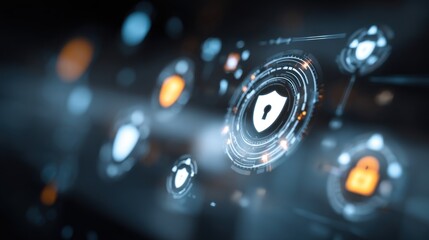 A futuristic digital interface showcasing security icons and data visualizations, emphasizing cybersecurity and technology.