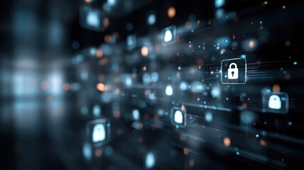 Abstract digital background illustrating data security with lock icons and glowing particles, symbolizing cybersecurity and protection.