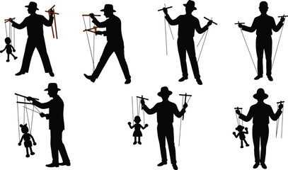 Puppeteer silhouette, marionette control, puppet show, stage performance, string manipulation, entertainment art, circus act, theatrical scene, flat vector illustration