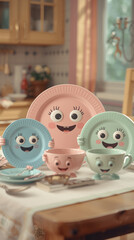 Cute cartoon dishware set with cheerful expressions in a warm and homely kitchen scene.