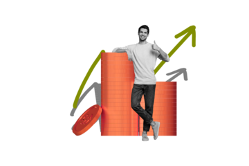 Composite trend artwork sketch image photo collage of money bitcoin arrow graphics rich success young happy man thumb up gesture coins usd