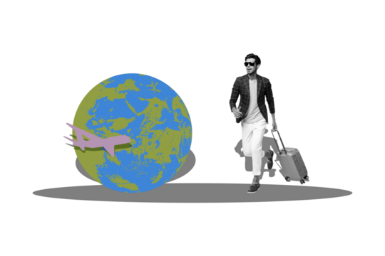 Poster creative image collage of guy run fast hurry late for flight abroad earth on pastel color background