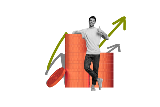 Composite trend artwork sketch image photo collage of money bitcoin arrow graphics rich success young happy man thumb up gesture coins usd