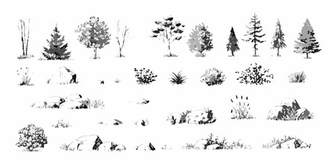 Collection of hand drawn black and white trees bushes rocks and grass elements for landscape design