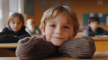 An elementary school pupil actively engaged in class.