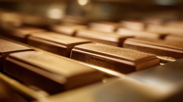 Chocolate bars glide along a production line, showcasing the seamless flow of craftsmanship in a confectionery factory. The warm tones and smooth textures highlight the care taken in each piece