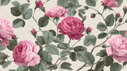 A vibrant floral pattern featuring pink roses and green leaves set against a soft background, creating a romantic and elegant aesthetic.