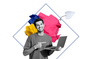 Trend artwork sketch composite 3d photo collage of silhouette paper plane message fly origami young guy hold laptop remote finger point