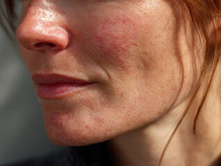 Obraz premium Close up of woman face with reddish, itchy, and sagging skin, showing texture and detail