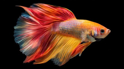 Fototapeta premium A vibrant betta fish showcases stunning colors and flowing fins, swimming gracefully against a black background.