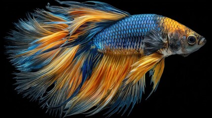 Fototapeta premium A vibrant betta fish showcasing stunning colors and flowing fins against a dark background.