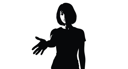 Silhouette of a young woman extending her hand in greeting or offering help, isolated on a white background