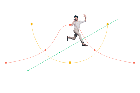 Composite photo collage of happy businessman run work speak phone graph success development statistics isolated on painted background