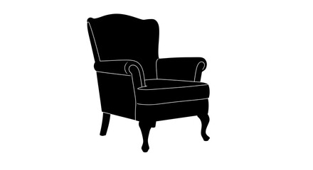Fototapeta premium Black silhouette of a classic armchair with curved legs and a high back, set against a white background