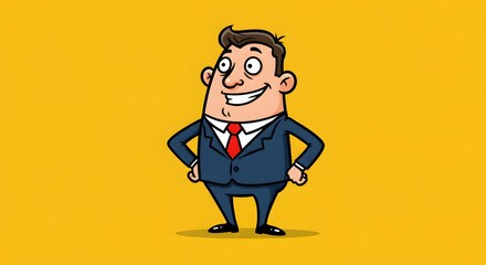 Cartoon businessman smiling, hands on hips, wearing a suit, against a yellow background