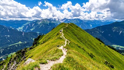 Obraz premium A stunning shot of a mountain trail at high altitude, overlooking vast ranges. The trail runs over a grassy ridge with distant peaks
