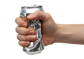 Close-up of a person's hand crushing an aluminum can on a white background