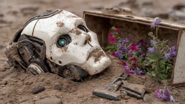 Decomposed robotic head with flowers suggesting future decay and nature