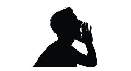 Silhouette of a person with their mouth open and hand raised, possibly shouting.