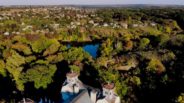 Aerial view of Lopukhin Palace, a specimen of landscape architecture ideal for illustrating historical and environmental projects. Korsun, Ukraine
