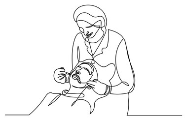 Continuous line drawing of a dentist examining a patient’s teeth. Minimalist vector illustration representing dental care, oral checkup, and professional healthcare concept.