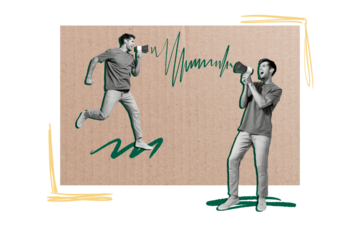 Creative collage young man bullhorn loudspeaker announce information speech voice voter demonstration protest activist drawing background