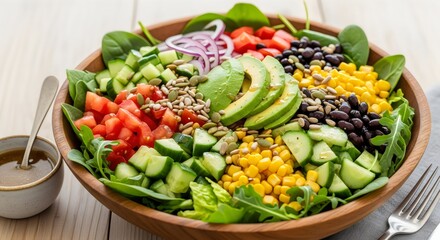 Colorful chopped salad with avocado, corn, and black beans in a wooden bowl.