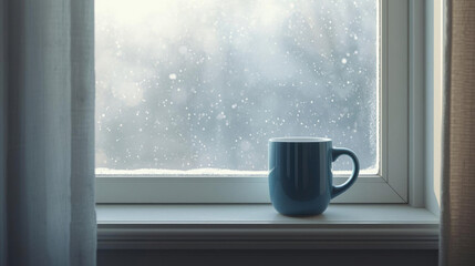 Blue mug sits on windowsill with snowy view outside, creating cozy and serene atmosphere