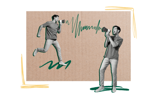 Creative collage young man bullhorn loudspeaker announce information speech voice voter demonstration protest activist drawing background