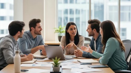 A diverse group of young professionals collaborates around a table, discussing ideas and working on a laptop - Powered by Adobe