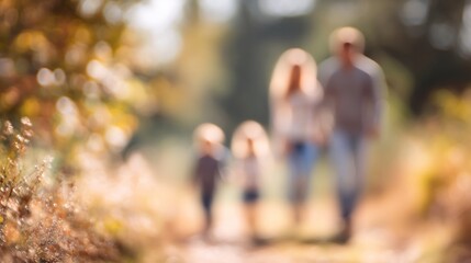 A blurred image of a family walking together in a natural setting, capturing a sense of togetherness and warmth.