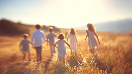 A group of children joyfully running through a sunlit field, captured in a soft, blurred focus that evokes a sense of nostalgia and freedom.