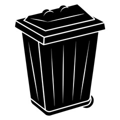 Black silhouette of a wheeled garbage bin with a lid and handles on a white background