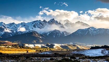 A stunning vista of snow-capped peaks against a vivid blue sky speckled with clouds, casting shadows over golden fields