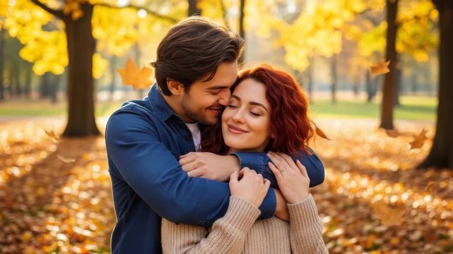 Couple embracing romantically in a park during autumn with falling leaves and warm sunlight