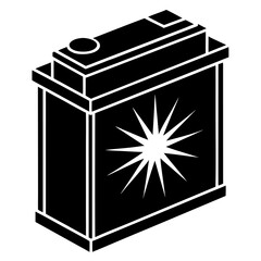Stylized black and white isometric icon of a car battery with a starburst design on its side