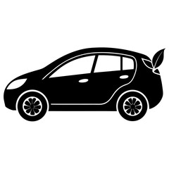Fototapeta premium Black silhouette of a modern hatchback car with green leaves on the back symbolizing eco friendly transportation and sustainability