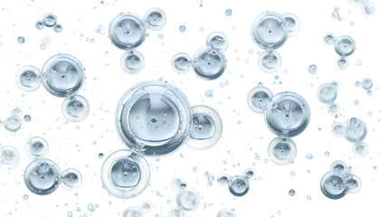 Water molecules on transparent background. Two hydrogen atoms bonded to single oxygen atom. Water H2O molecular structure. Biotechnology, chemistry, physics, biology educational scientific 3D model 