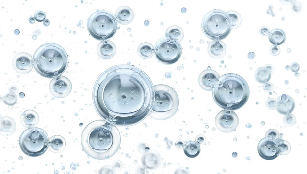 Water molecules on transparent background. Two hydrogen atoms bonded to single oxygen atom. Water H2O molecular structure. Biotechnology, chemistry, physics, biology educational scientific 3D model 